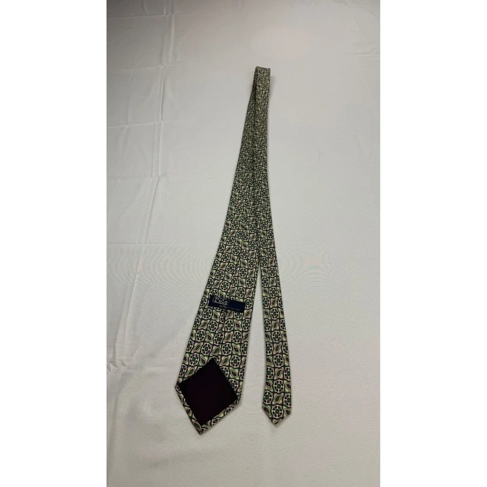 Polo‎ Ralph Lauren Necktie Mens 60x3.5 Green Purple Geometric Medallion Silk USA